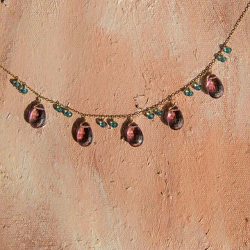 Adjustable Rhodolite Garnet Gemstone with bright blue aquamarine accents  Gold Chain Necklace