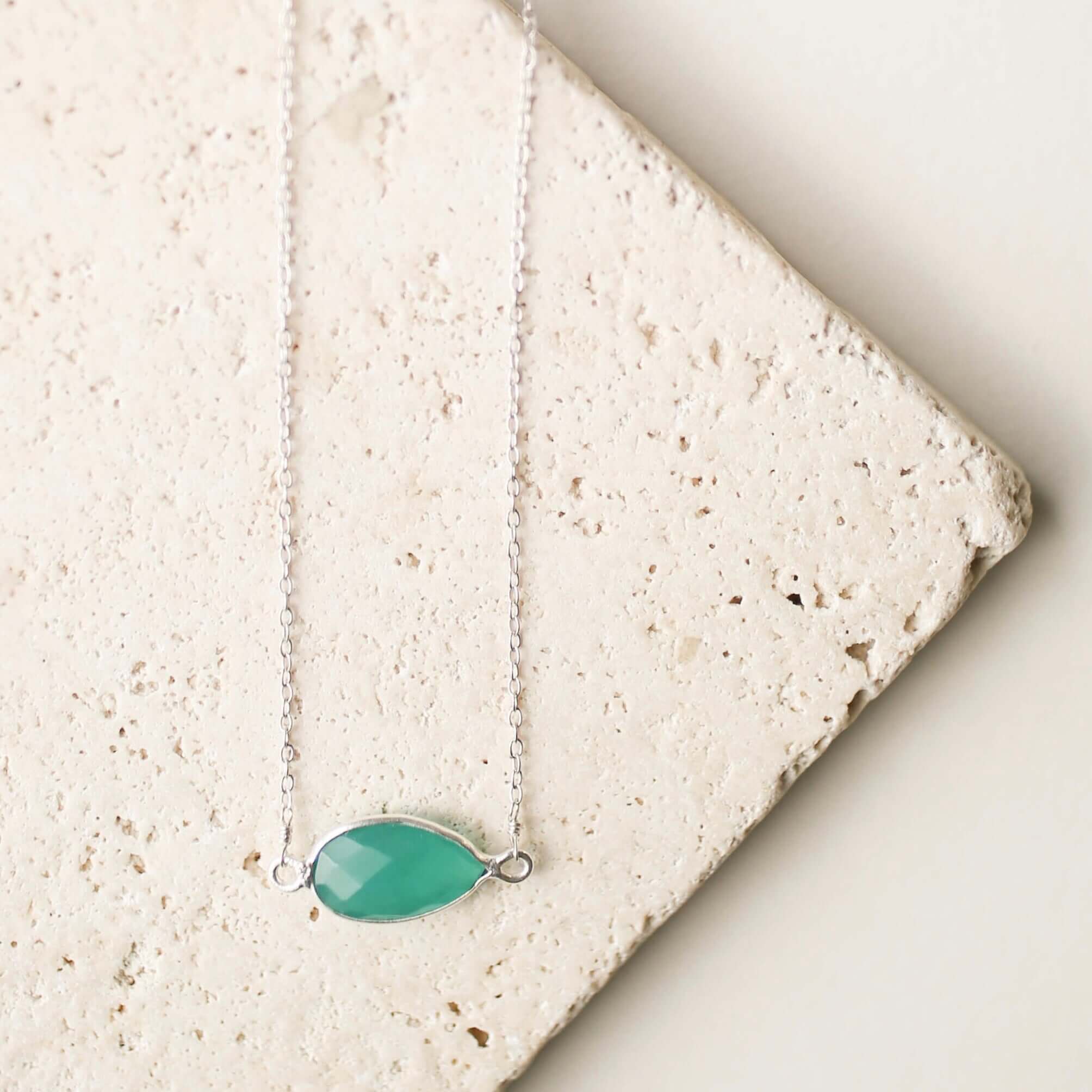 "Minimalist Silver Necklace with Bezel-Set Green Apatite Stone  "