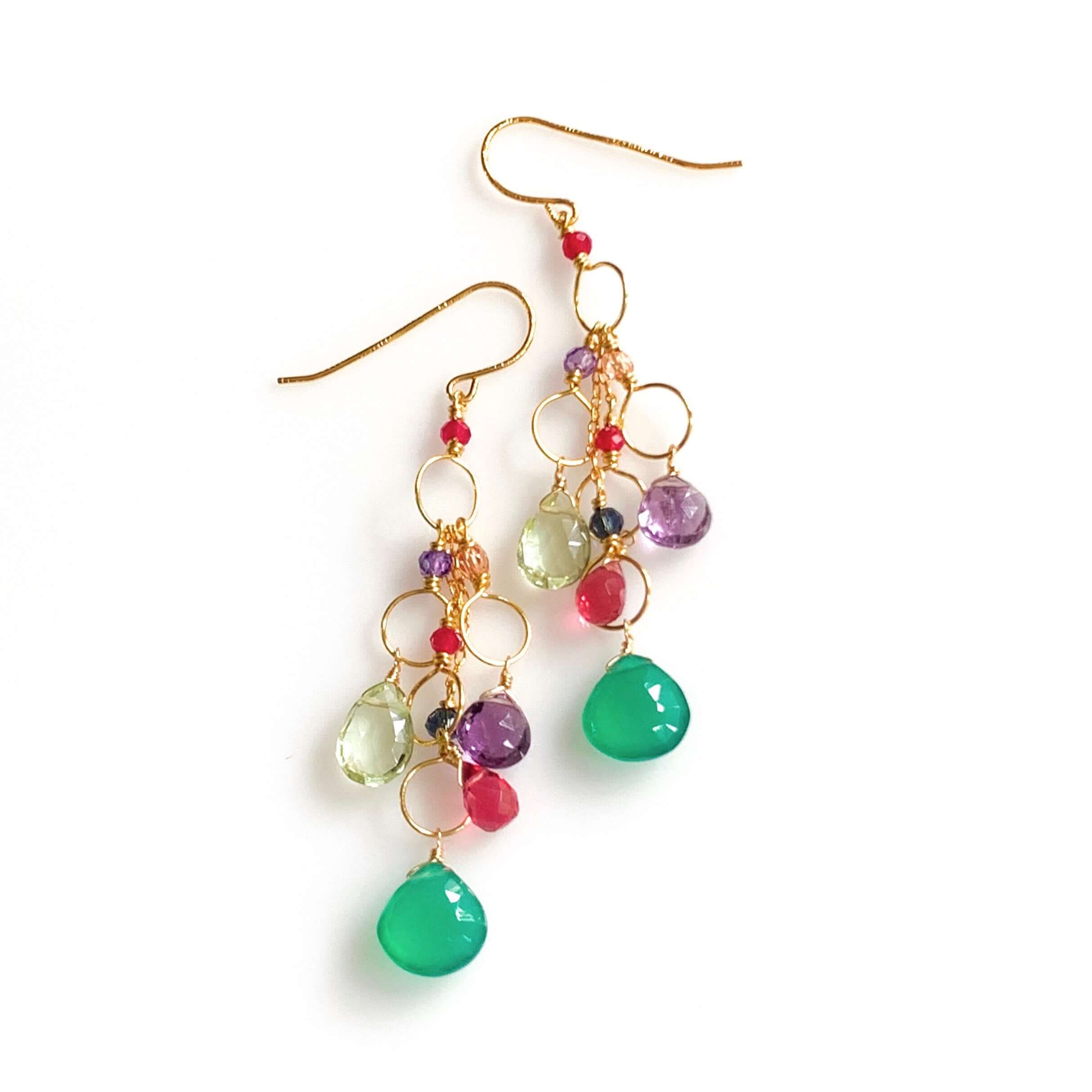 Chandelier Earrings with Green Onyx, Green Amethyst, Dark Pink Tourmaline, and Amethyst Gemstones