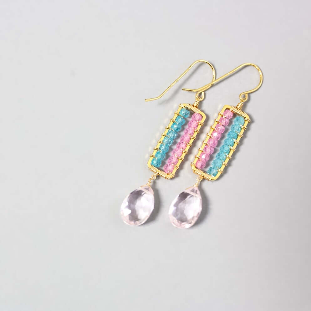 Gold parallel  earrings with Pink Clear Quartz Dangle  and with gorgeous light pink stone with aqua blue quartz accents