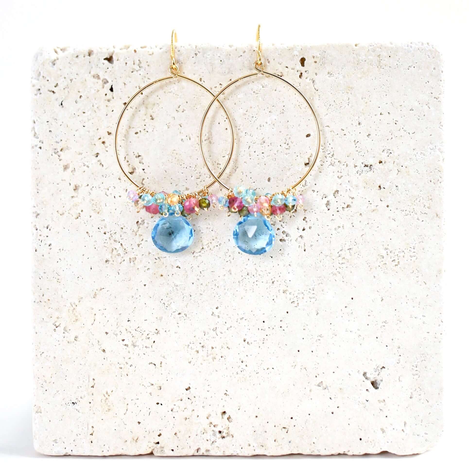 Aquamarine Blue Quartz Gold Hoop Earrings