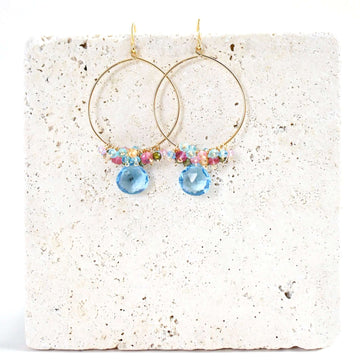Aquamarine Blue Quartz Gold Hoop Earrings