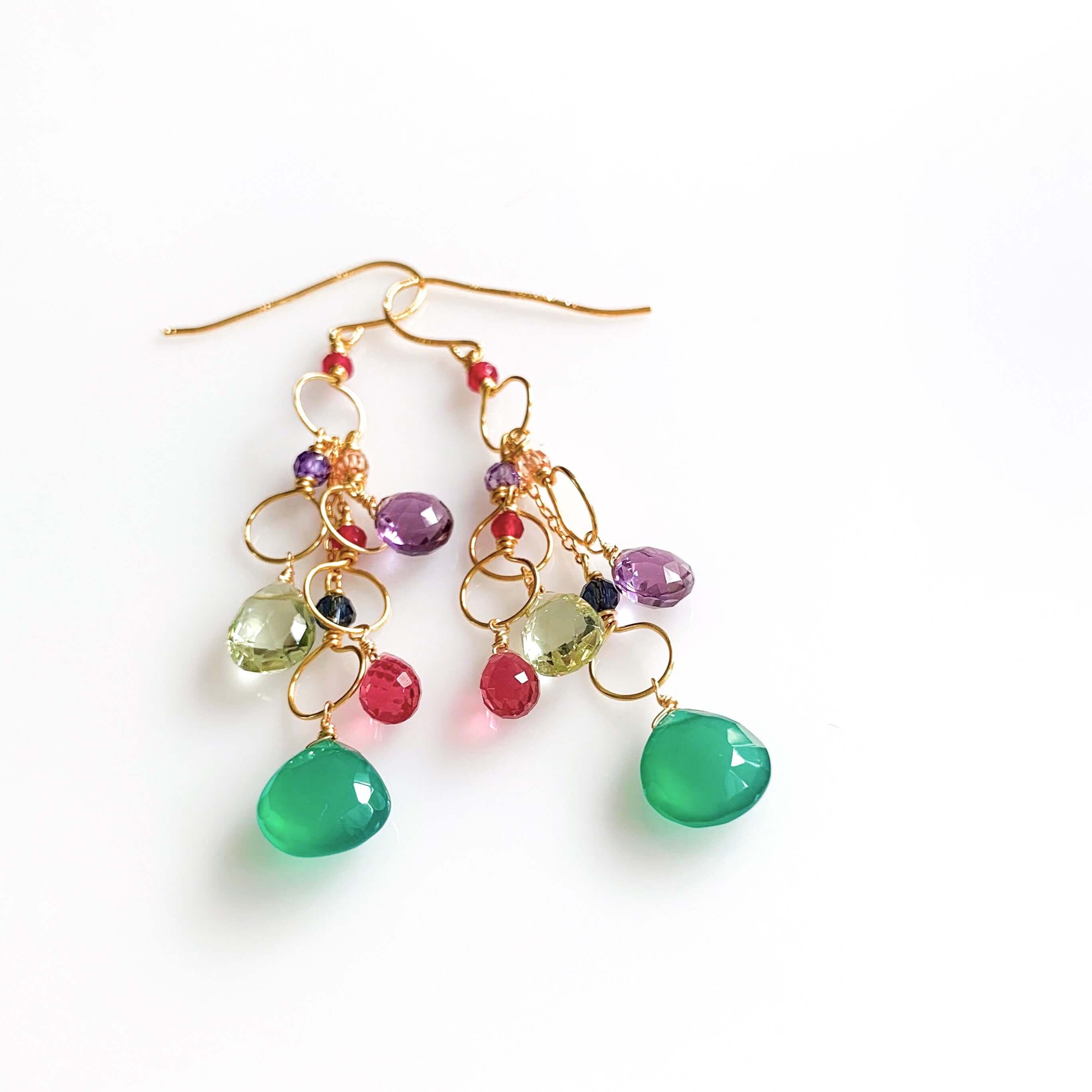 Chandelier Earrings with Green Onyx, Green Amethyst, Dark Pink Tourmaline, and Amethyst Gemstones