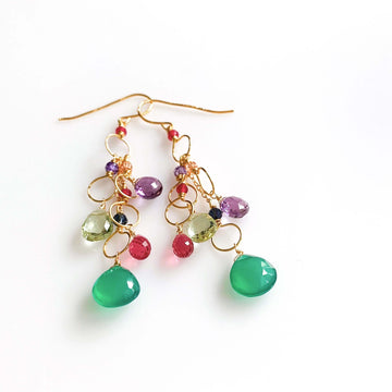 Chandelier Earrings with Green Onyx, Green Amethyst, Dark Pink Tourmaline, and Amethyst Gemstones