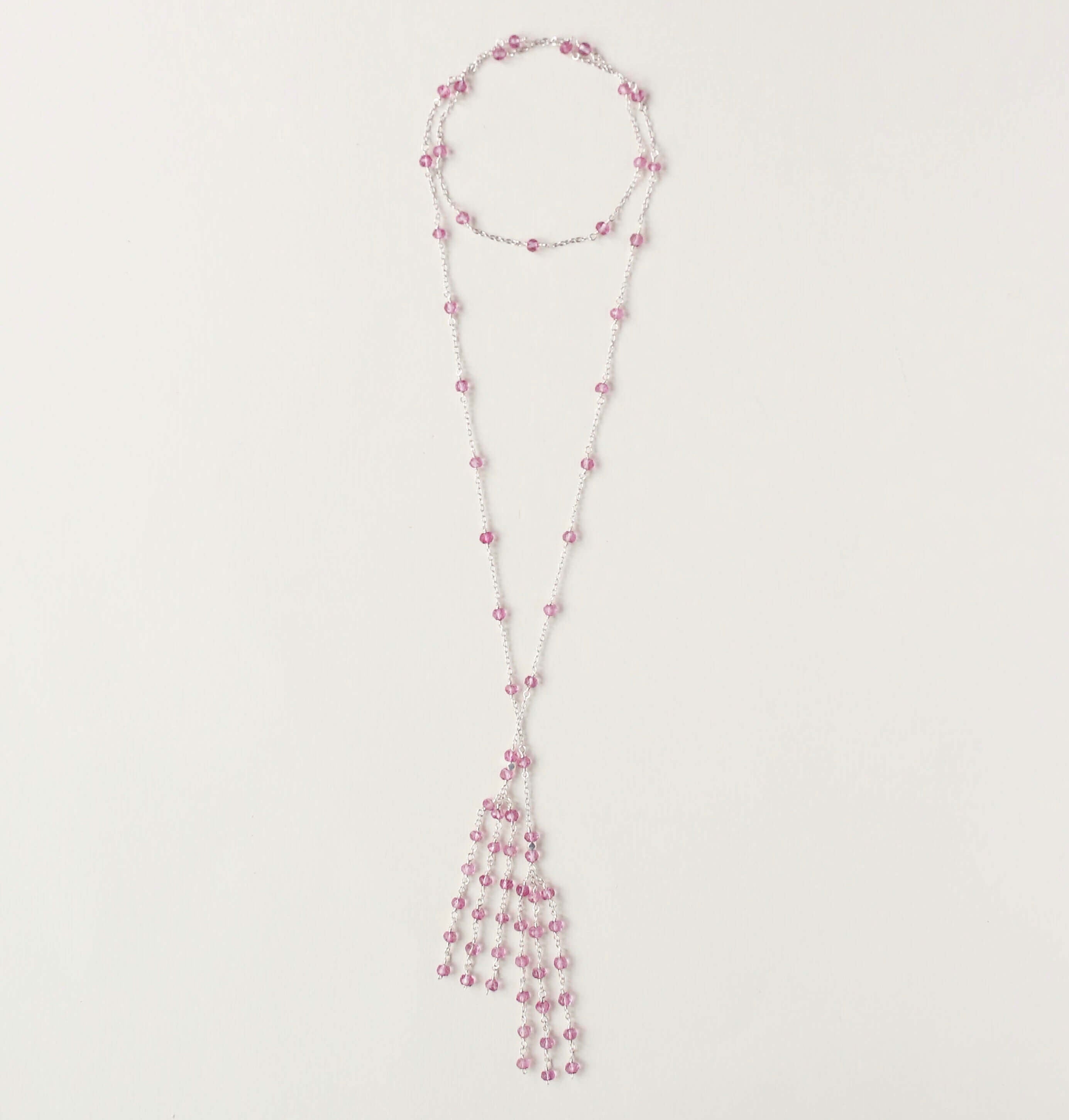 Rhodium Plated Pink Tourmaline Quartz Lariat Necklace with a stunning tassel