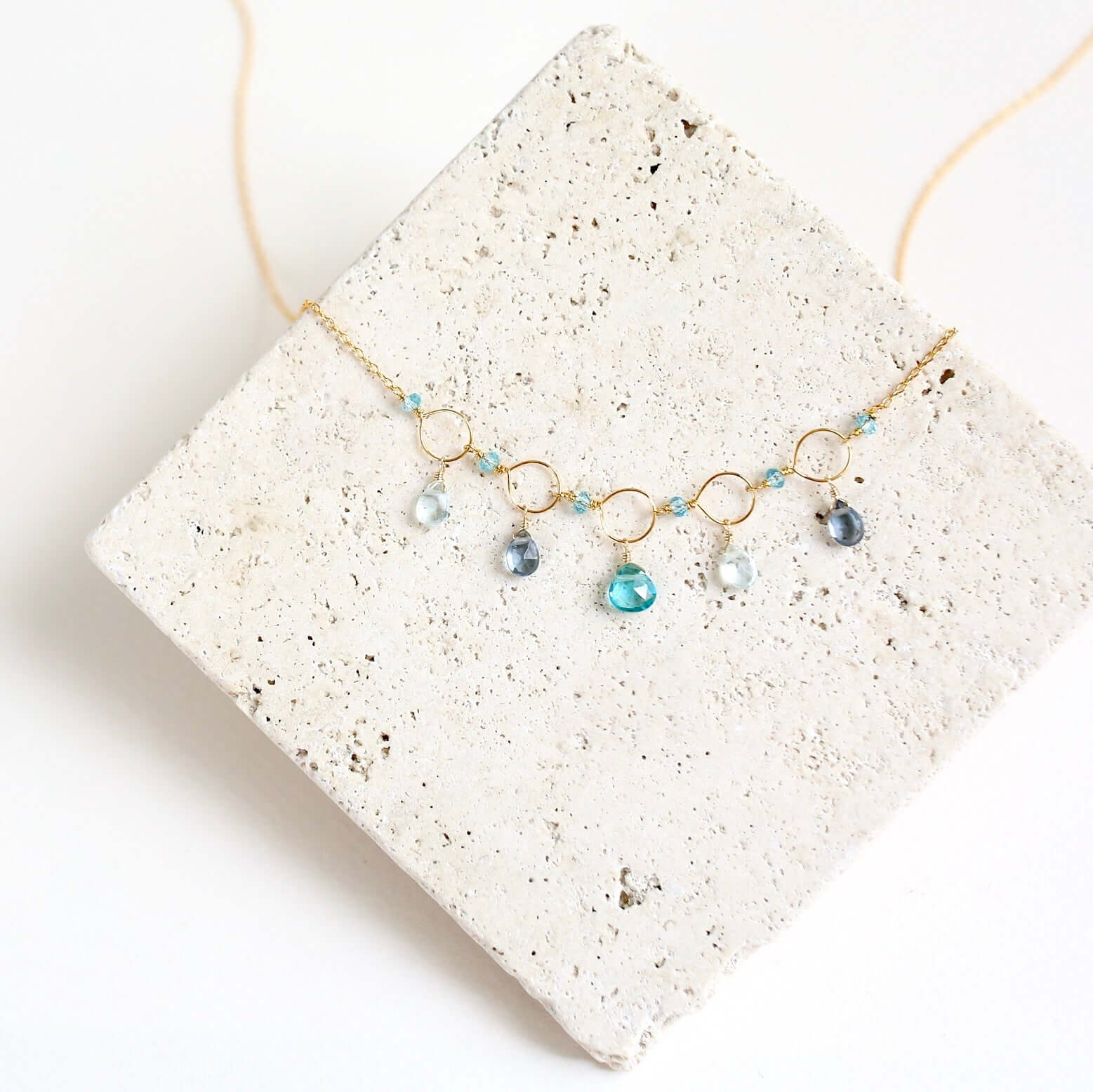 Radiant Gemstone Gold Necklace - Aquamarine, Iolite, and Aqua Blue Quartz