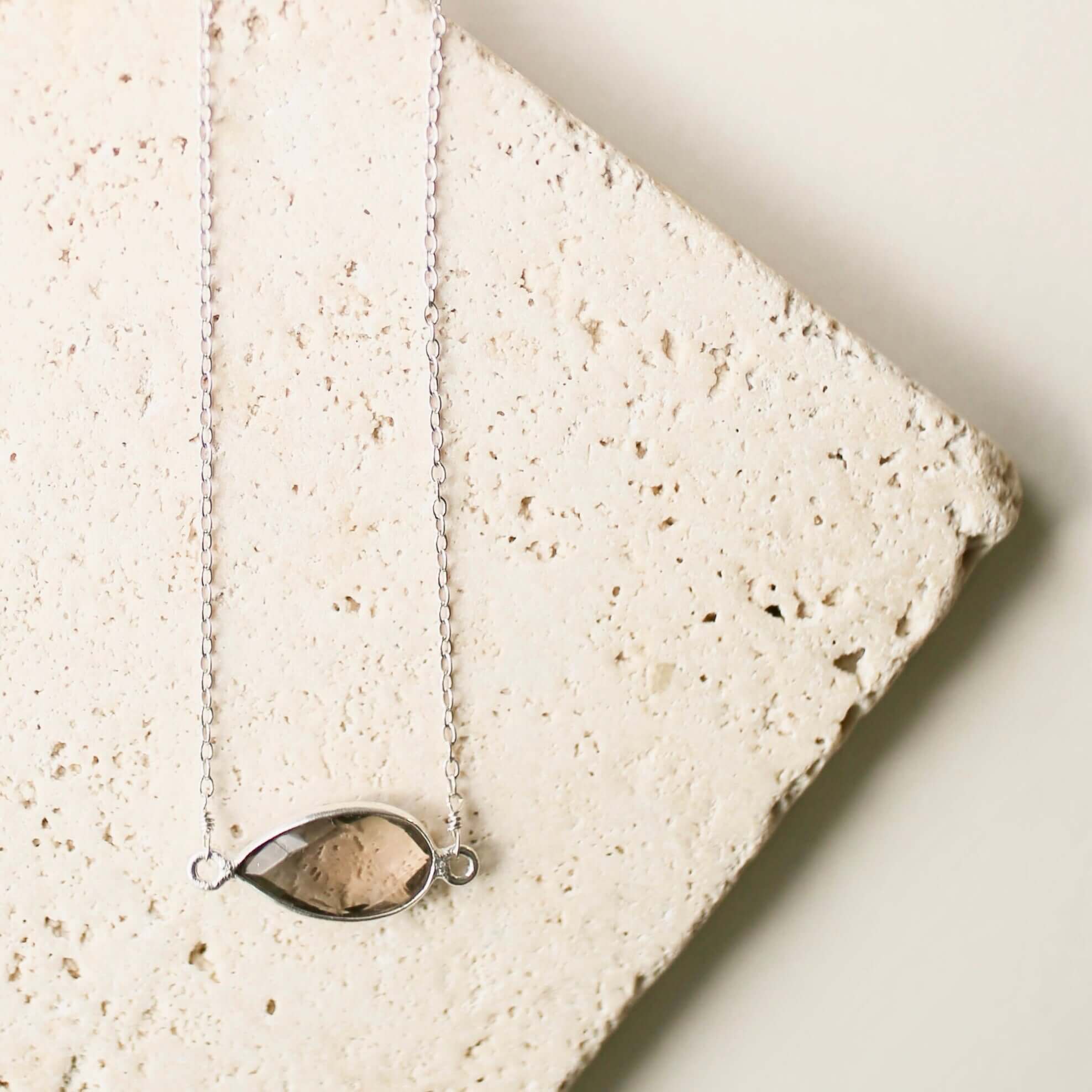 Minimalist Silver Necklace with Bezel-Set Smoky Quartz Stone