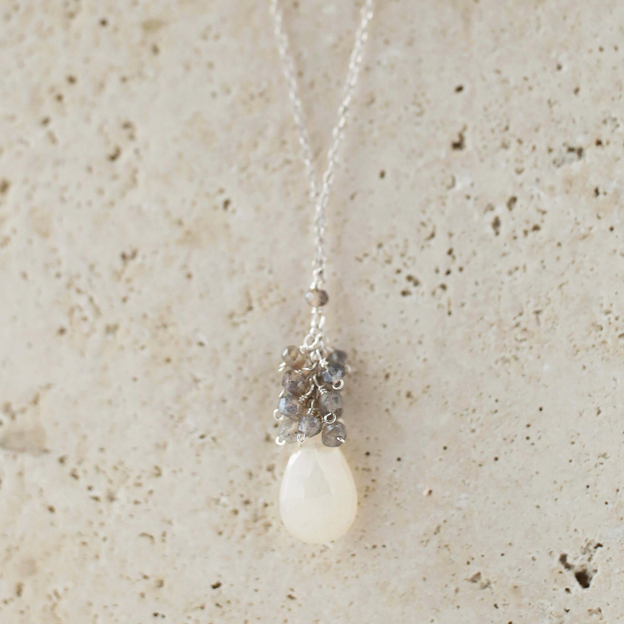 White chalcedony drop pendants paired with a cluster of mini labradorite quartz gems Silver Necklace