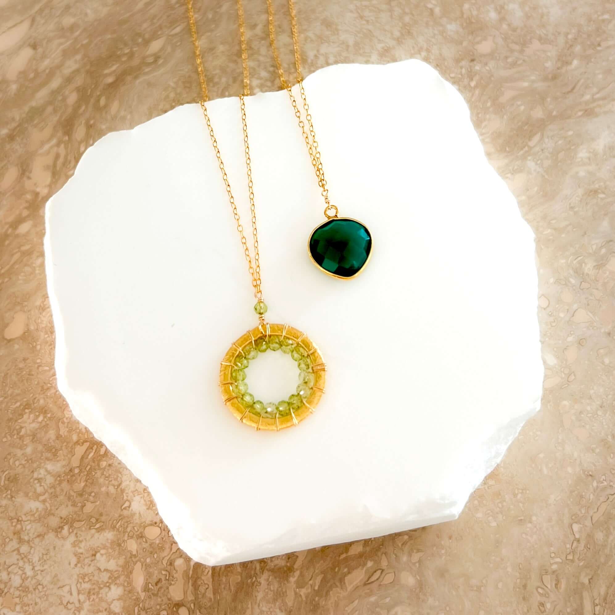 Elegant Gold Layering Pendants with Stunning Stones of Green Onyx