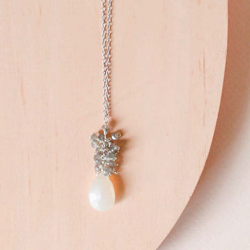 White chalcedony drop pendants paired with a cluster of mini labradorite quartz gems Silver Necklace