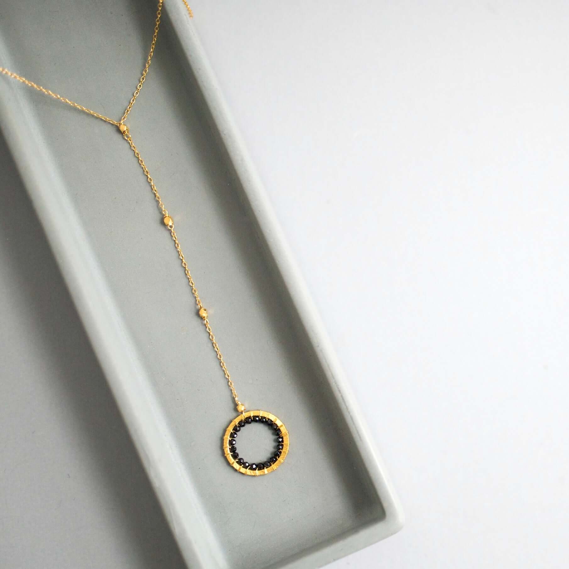 Black Spinel Gold Y Pendant Necklace