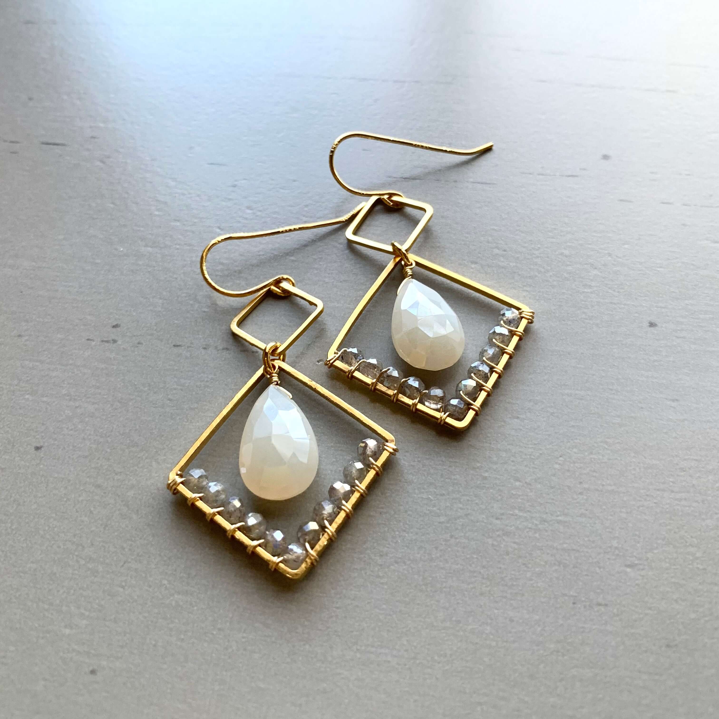 Gold White Chalcedony with labradorite stones Geometric Earrings 