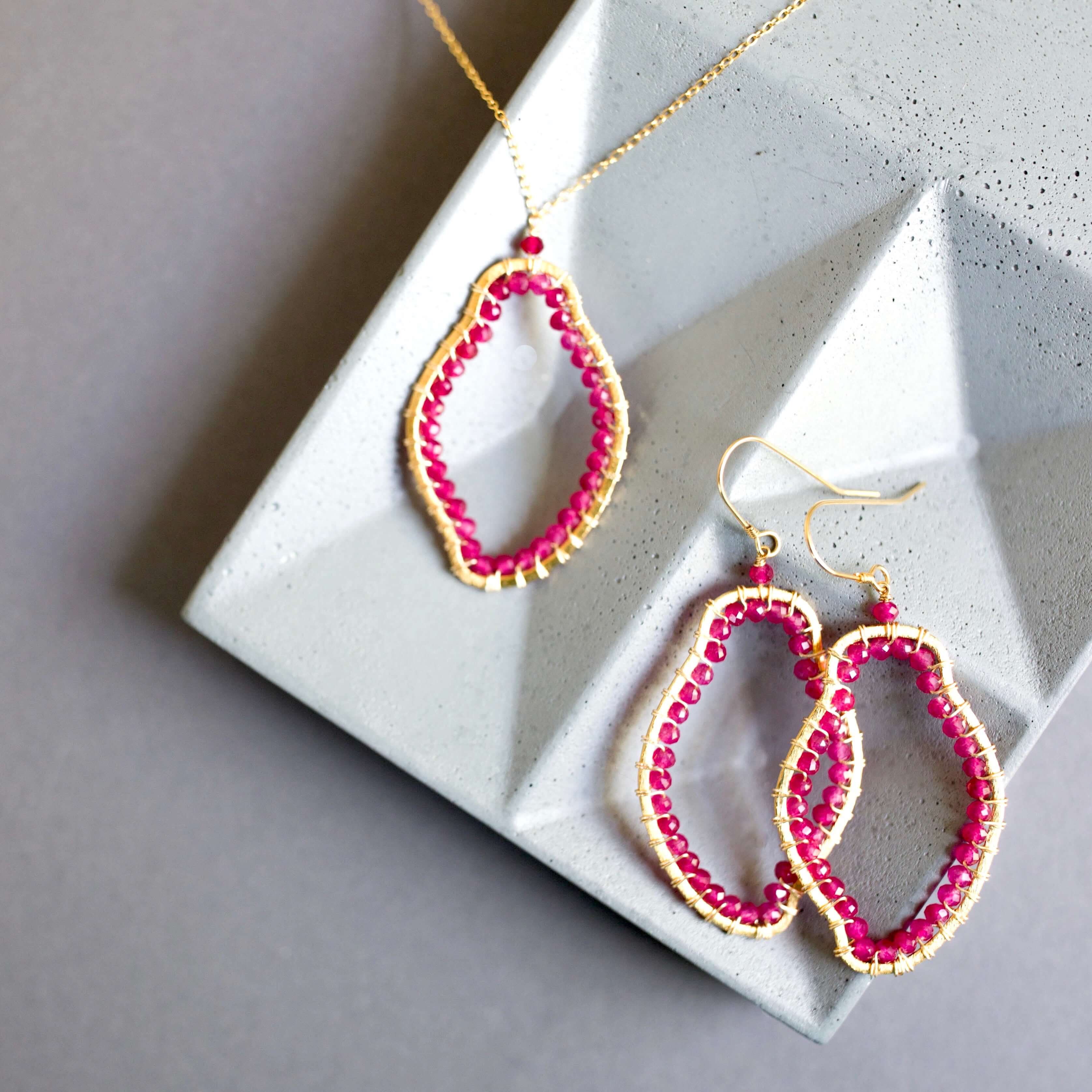 Amorphous shape Ruby Quartz gold pendant and Gold earrings set