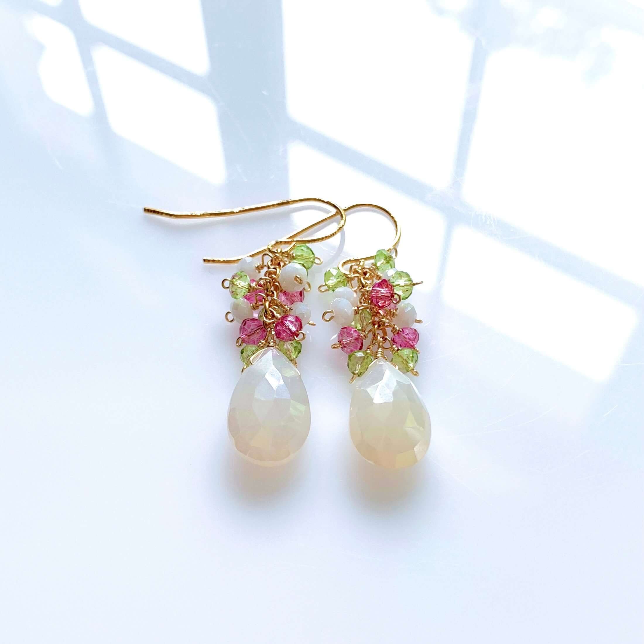 White Chalcedony stone topped with multi-colored cluster of gems Gold Earrings 