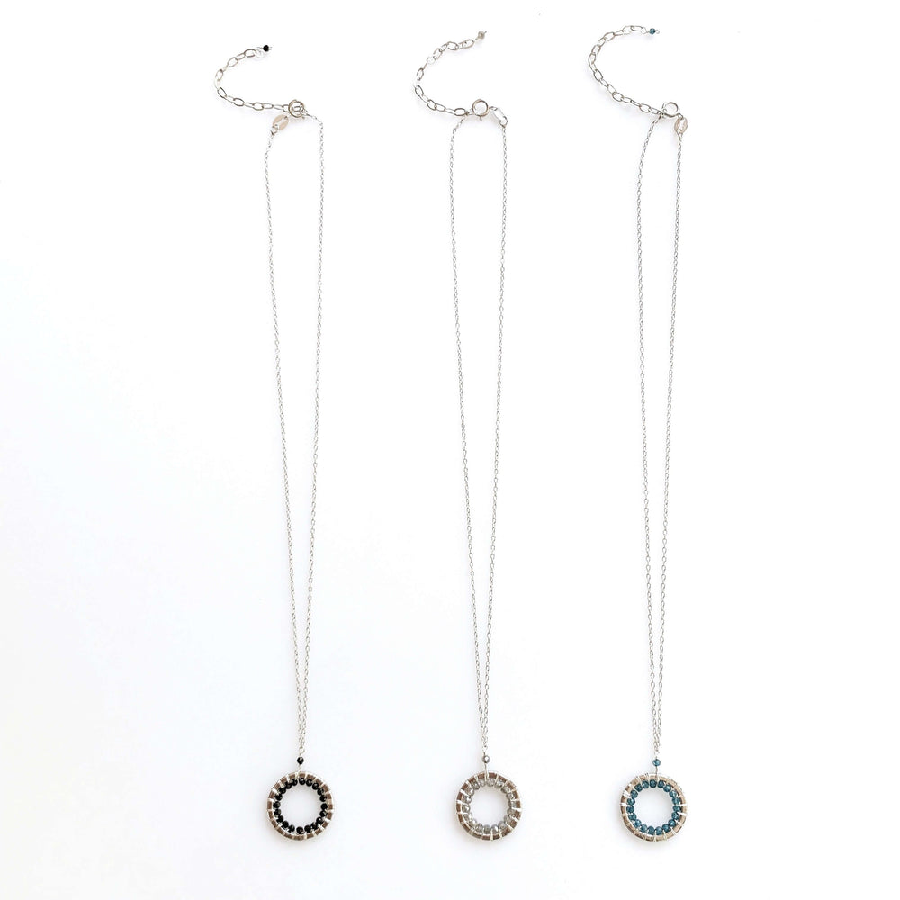 Rhodium Plated  with Authentic Gemstones Mini Mason Circle Pendants Necklaces