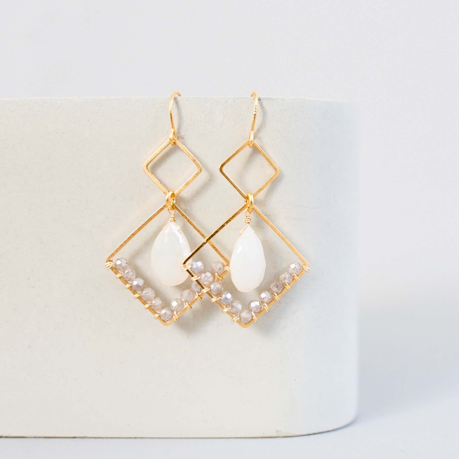 Gold White Chalcedony with labradorite stones Geometric Earrings 