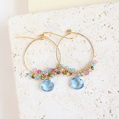Aquamarine Blue Quartz Gold Hoop Earrings
