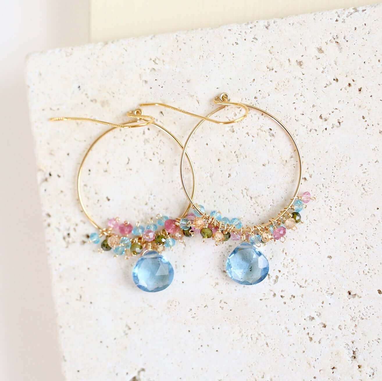 Aquamarine Blue Quartz Gold Hoop Earrings