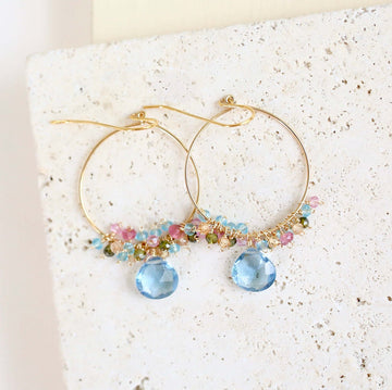 Aquamarine Blue Quartz Gold Hoop Earrings