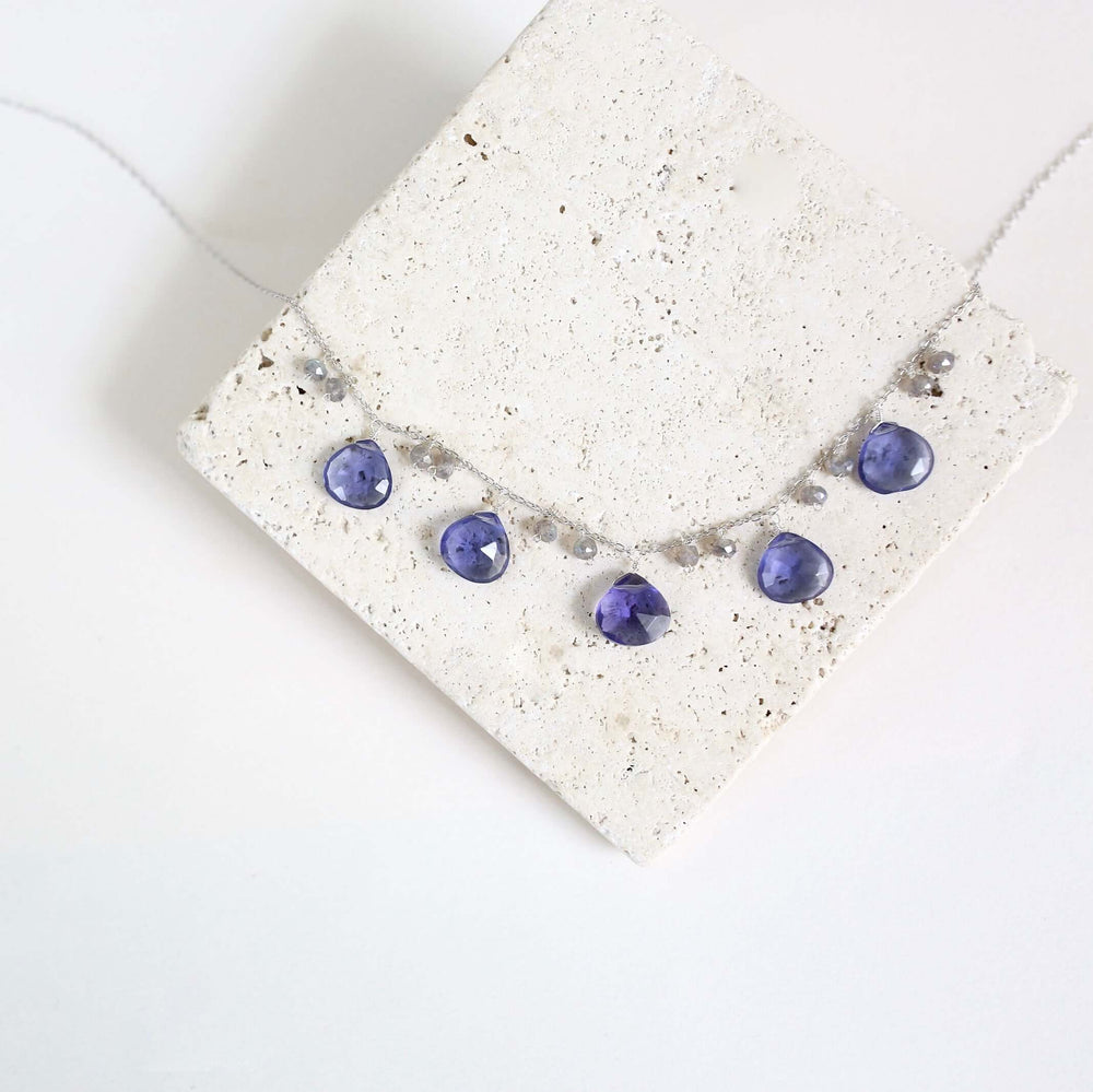  Sparkling bezel Tanzanite Quartz Gem and tiny stone Labradorite accents  Gold Necklace