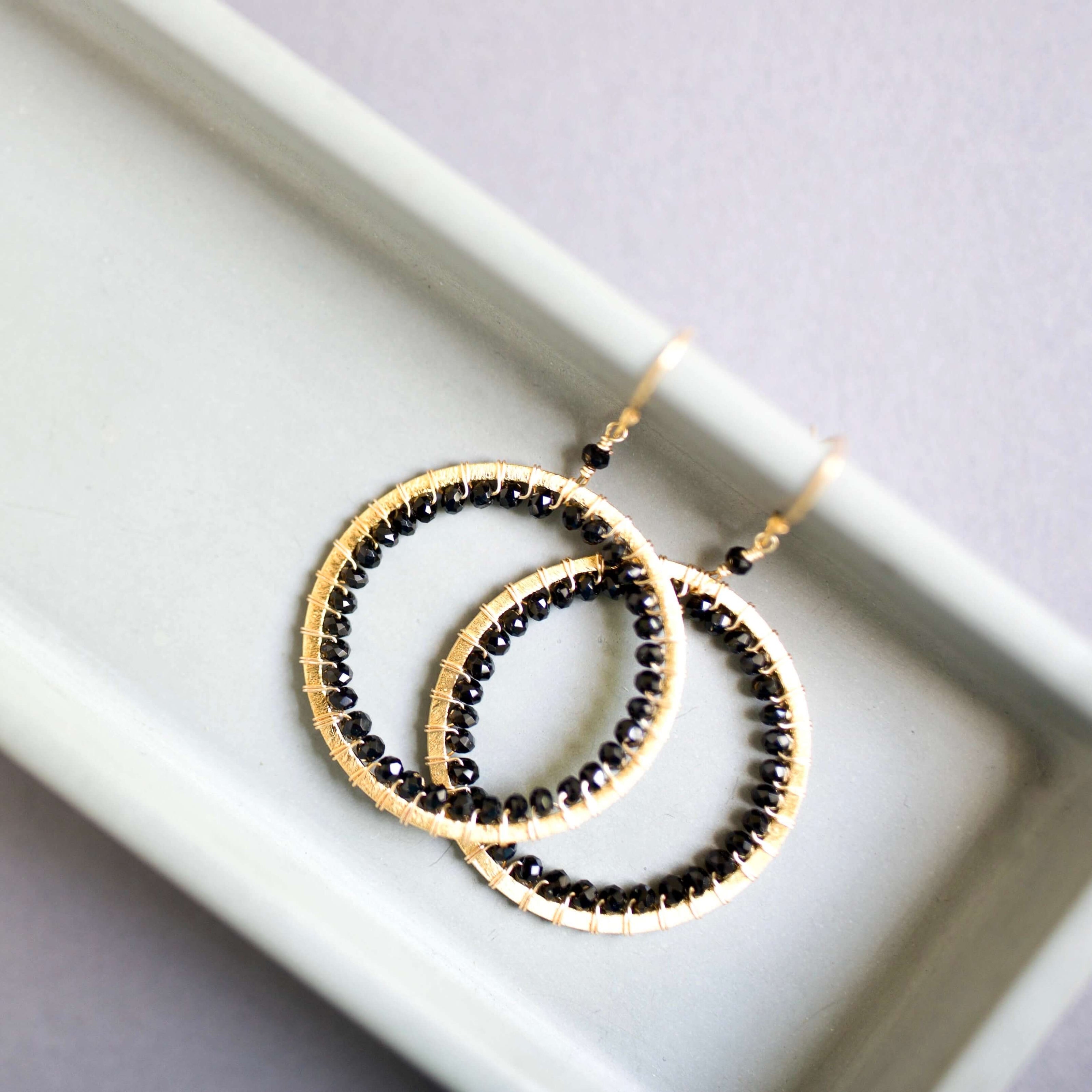 Black Spinel Gold Circle Earrings