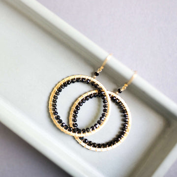 Black Spinel Gold Circle Earrings