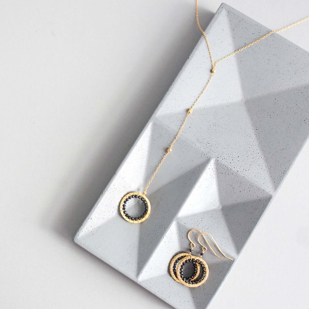 Black Spinel Gold Y Pendant Necklace and Earring Set