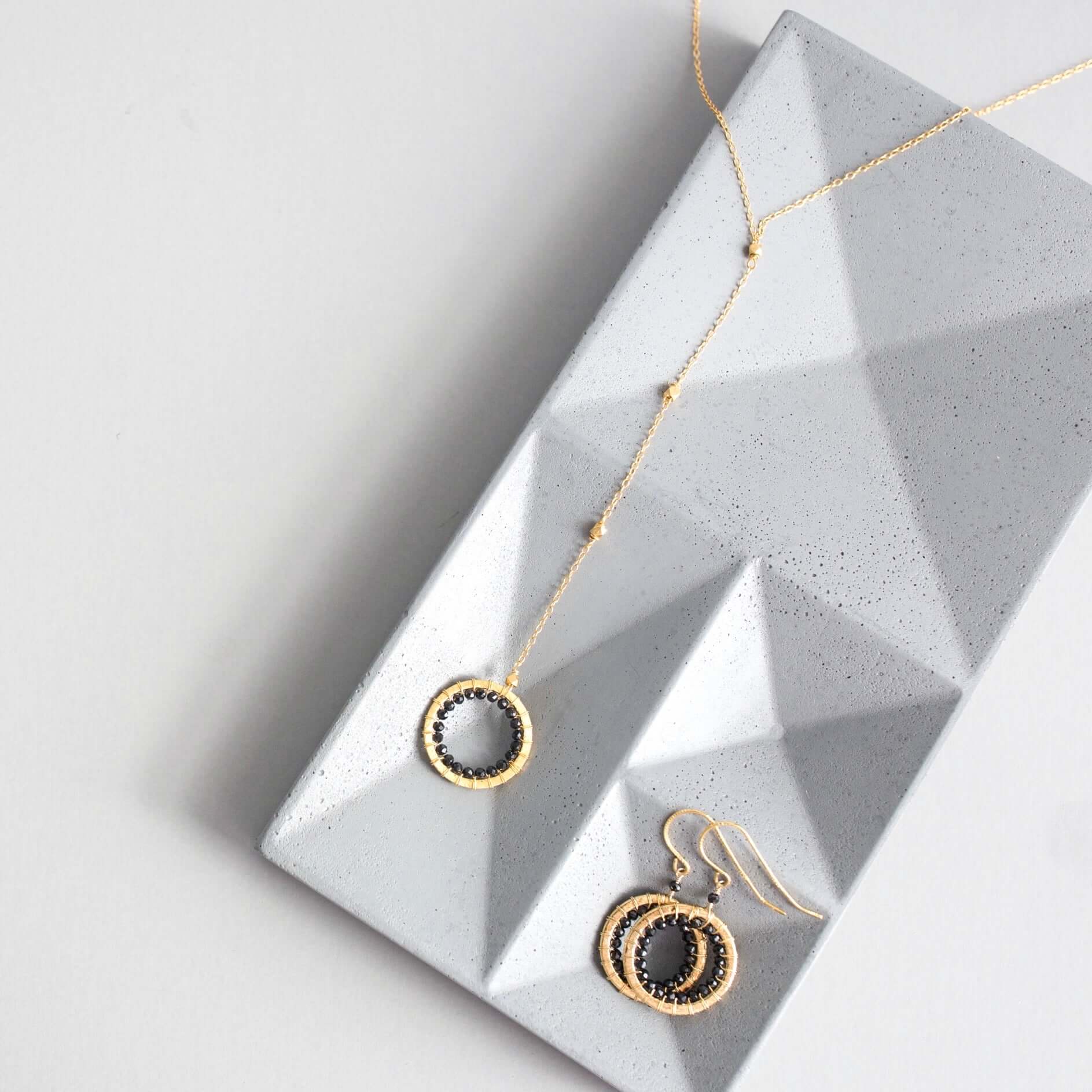 Black Spinel Gold Y Pendant Necklace and Earring Set