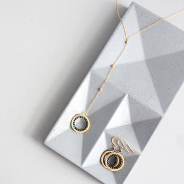 Black Spinel Gold Y Pendant Necklace and Earring Set
