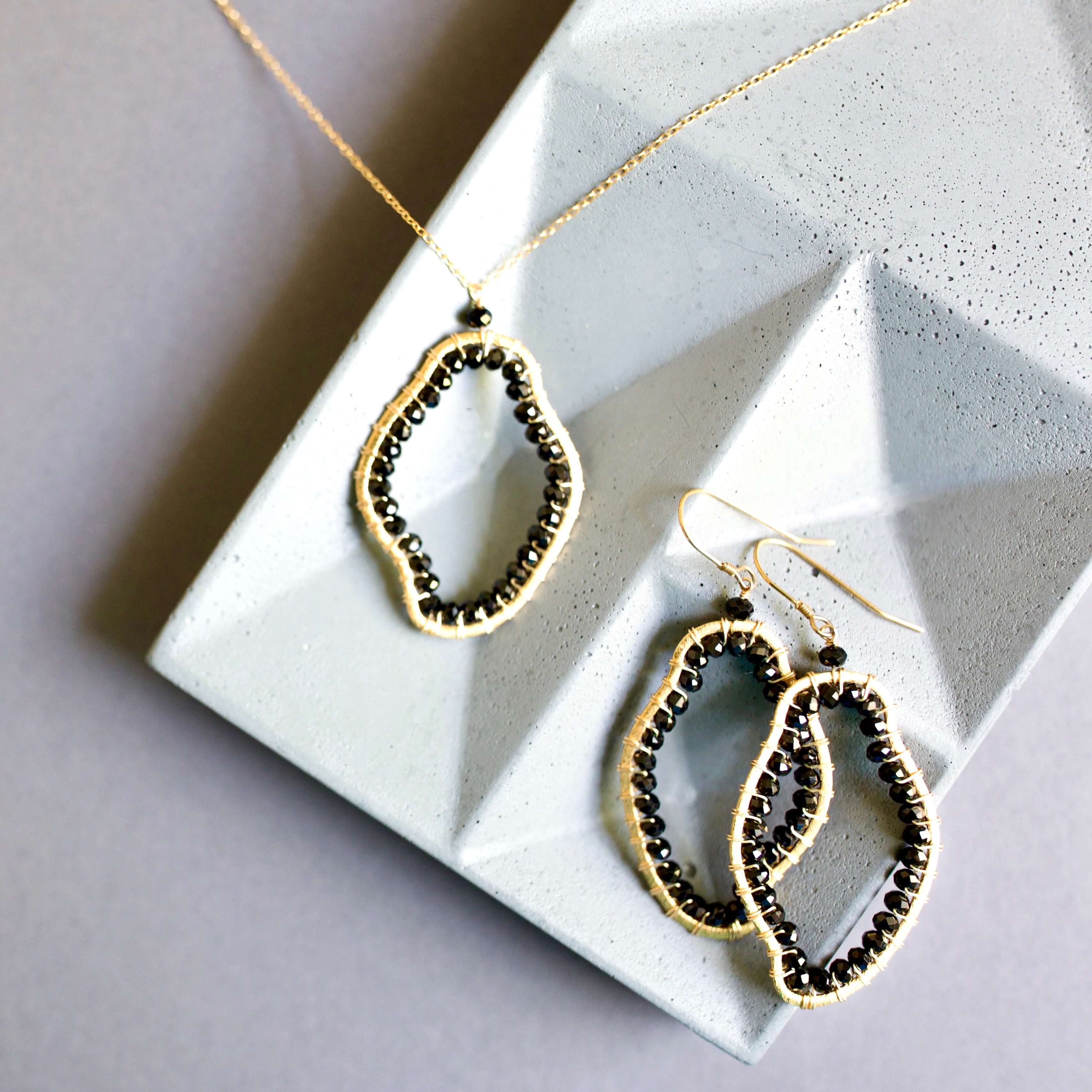 Black Spinel Gold Necklace and Earrings Jewelry Set