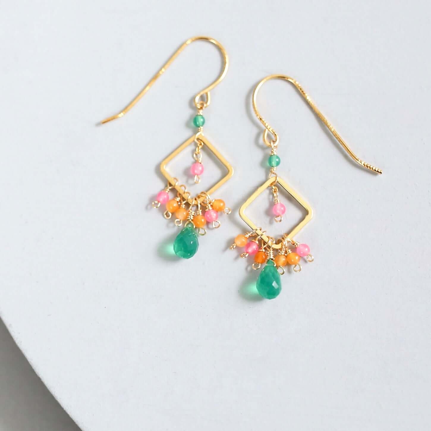 Green Onyx briolettes with orange, yellow and pink chalcedony Accent gemstones   French Hook Gold Earrings 