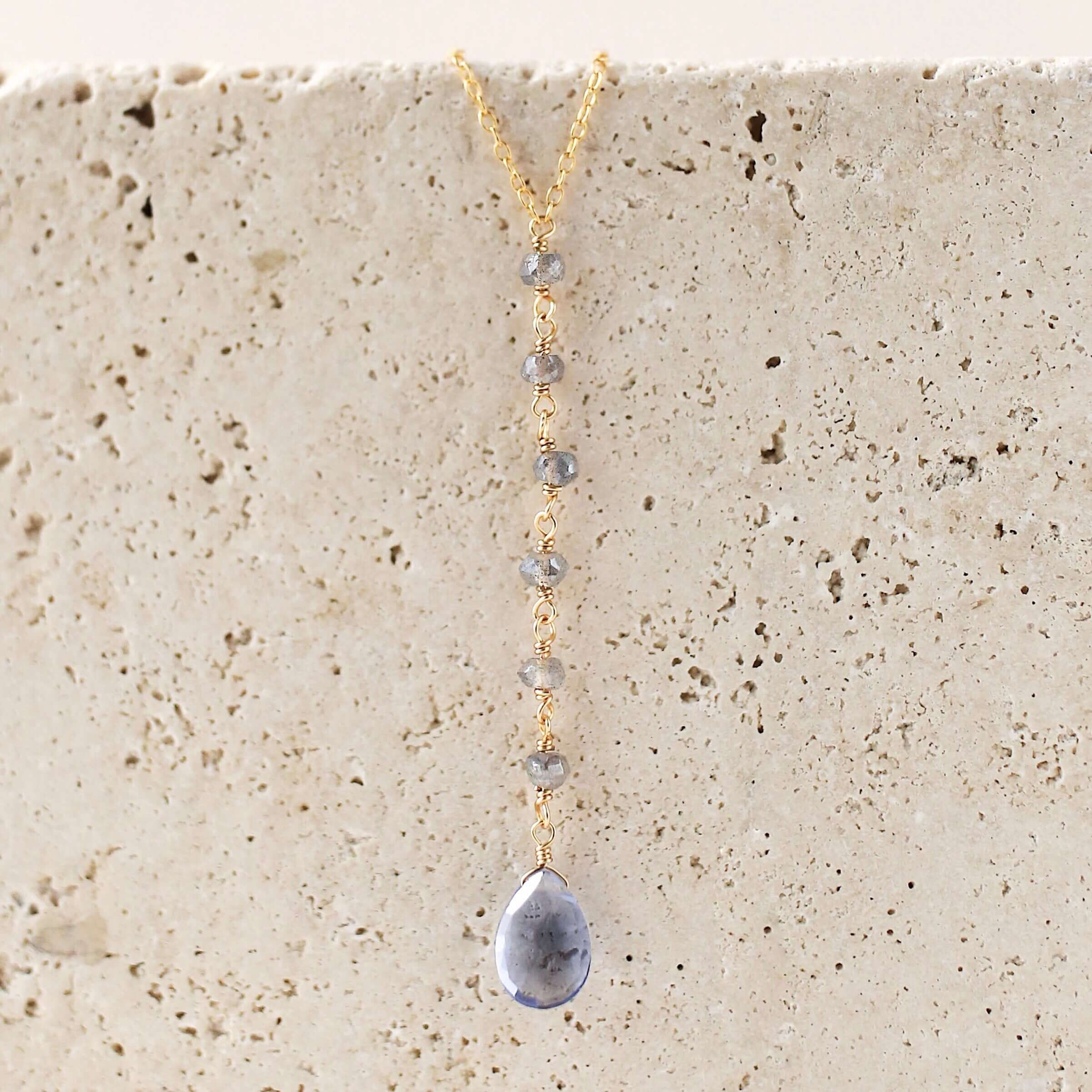 Tanzanite quartz gemstone Yoga Pendant  partnered with labradorite accent stones Gold Necklace 