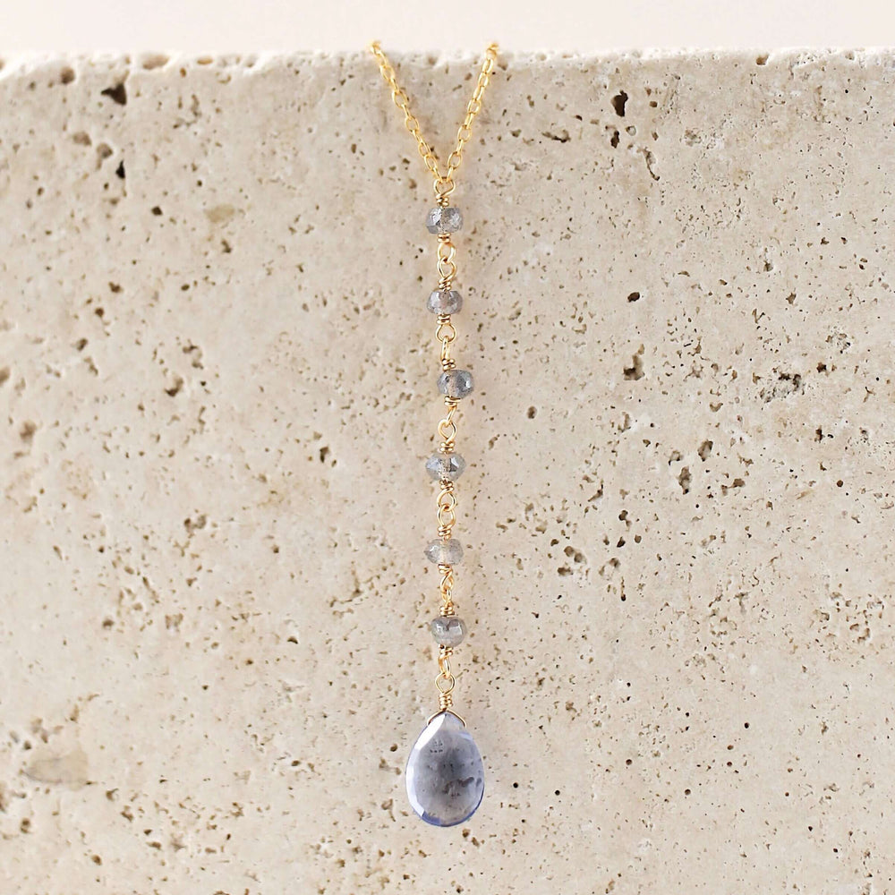 Tanzanite quartz gemstone Yoga Pendant  partnered with labradorite accent stones Gold Necklace 