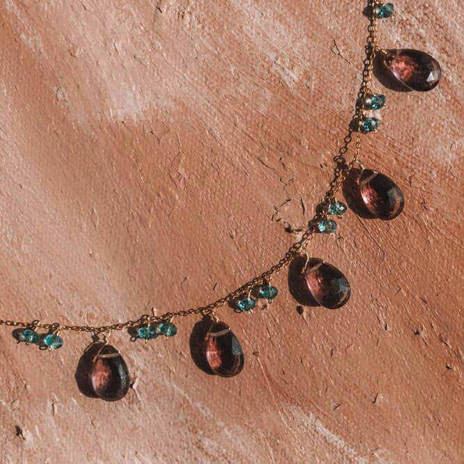 Adjustable Rhodolite Garnet Gemstone with bright blue aquamarine accents  Gold Chain Necklace
