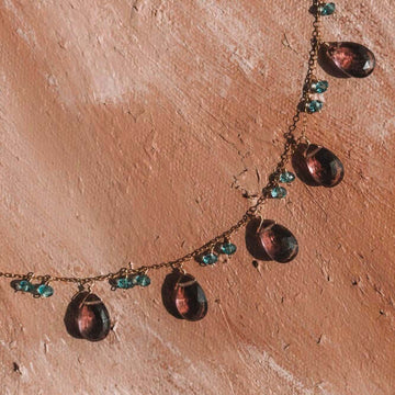 Adjustable Rhodolite Garnet Gemstone with bright blue aquamarine accents  Gold Chain Necklace