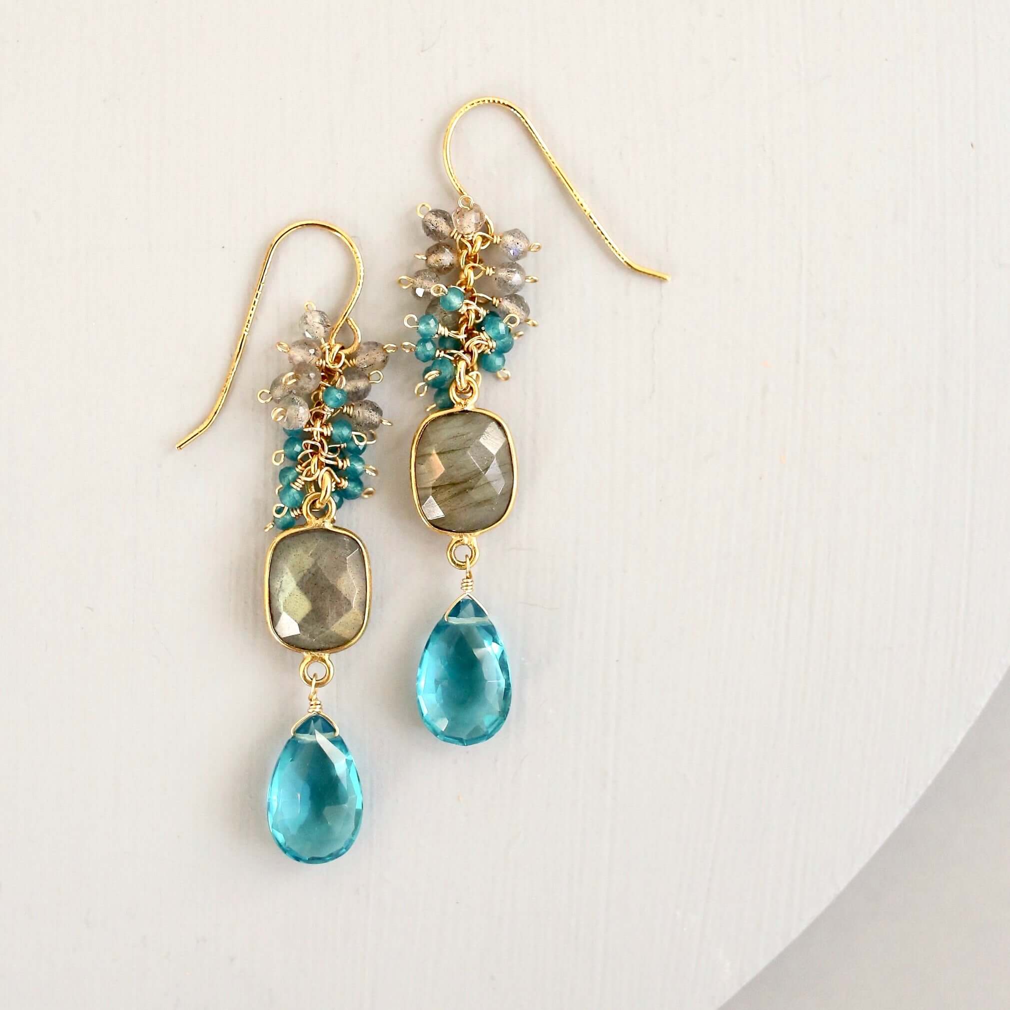 Labradorite Bezel and Neon Blue Quartz Dangle Earrings