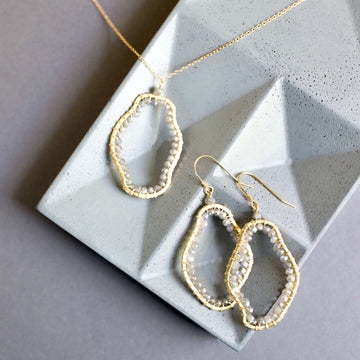 Completely one-of-a-kind Labradorite gold pendant and earrings set