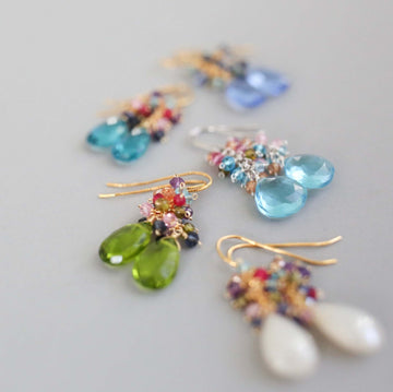 White Chalcedony Gemstone with mini stones  Accents   Gold Drop Earrings