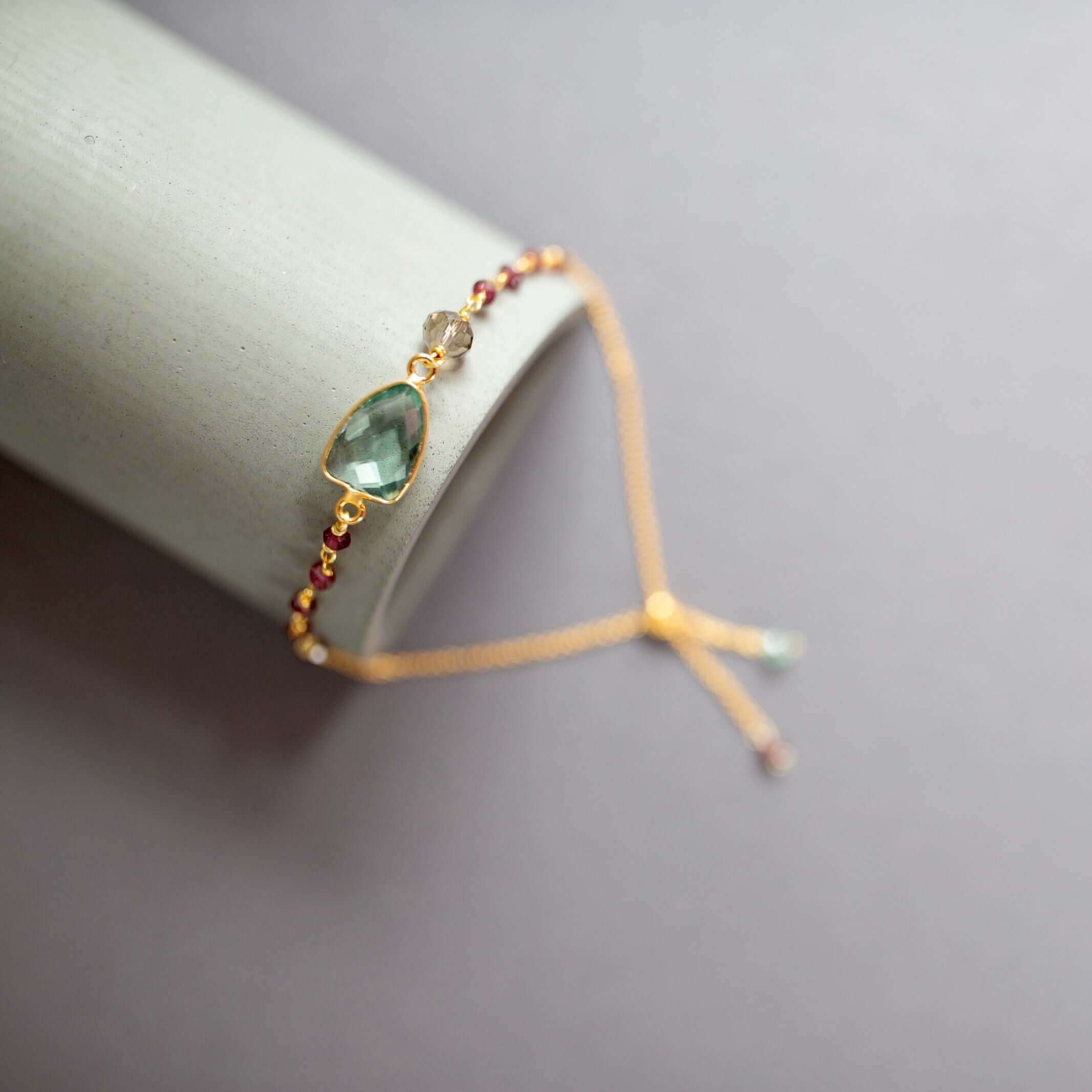 Gold plated Adjustable Bracelet with Green Amethyst Bezel and Tiny Gemstone Accents.  