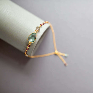 Gold plated Adjustable Bracelet with Green Amethyst Bezel and Tiny Gemstone Accents.  