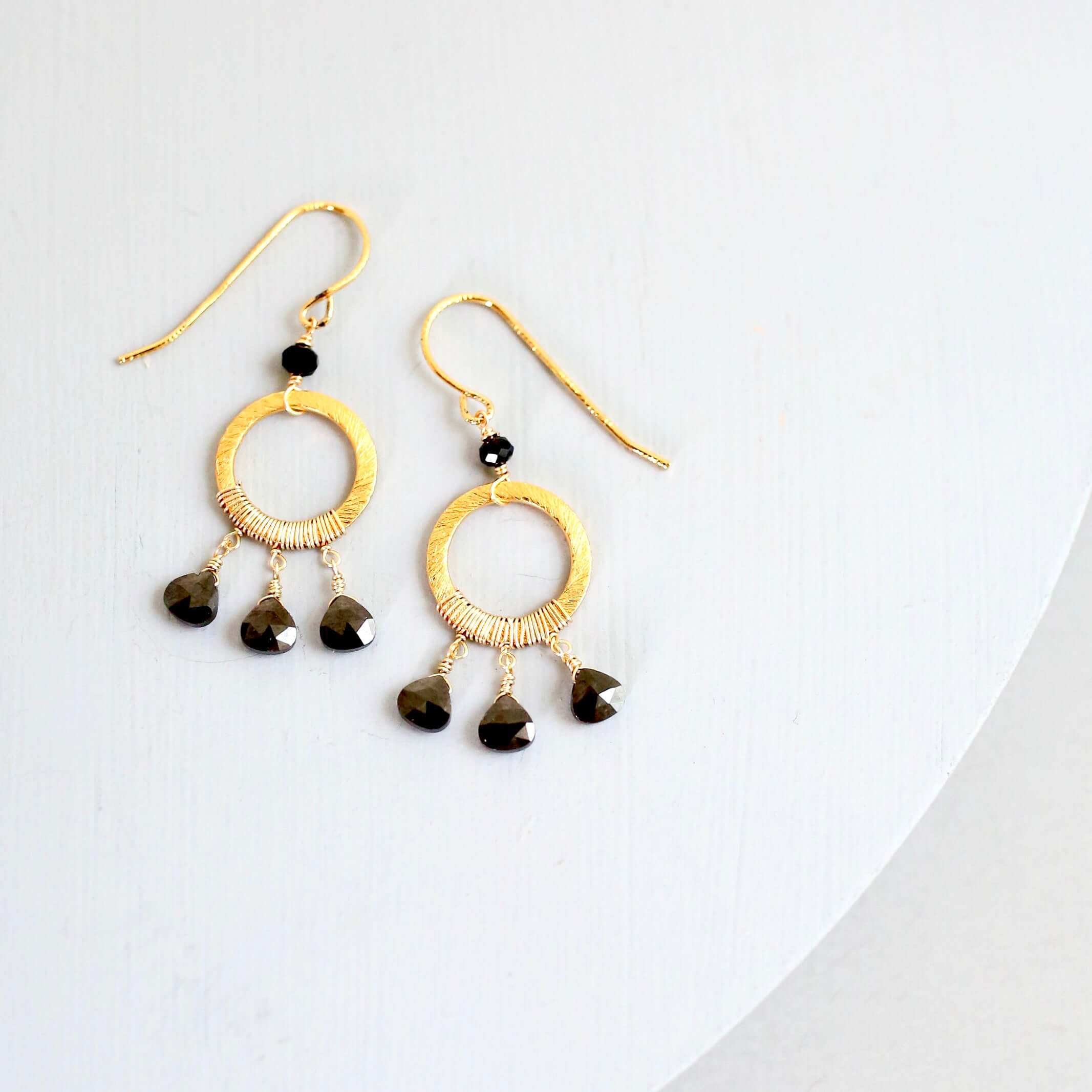 Boho Mini Dream Catcher Earrings with Black Spinel Gemstones