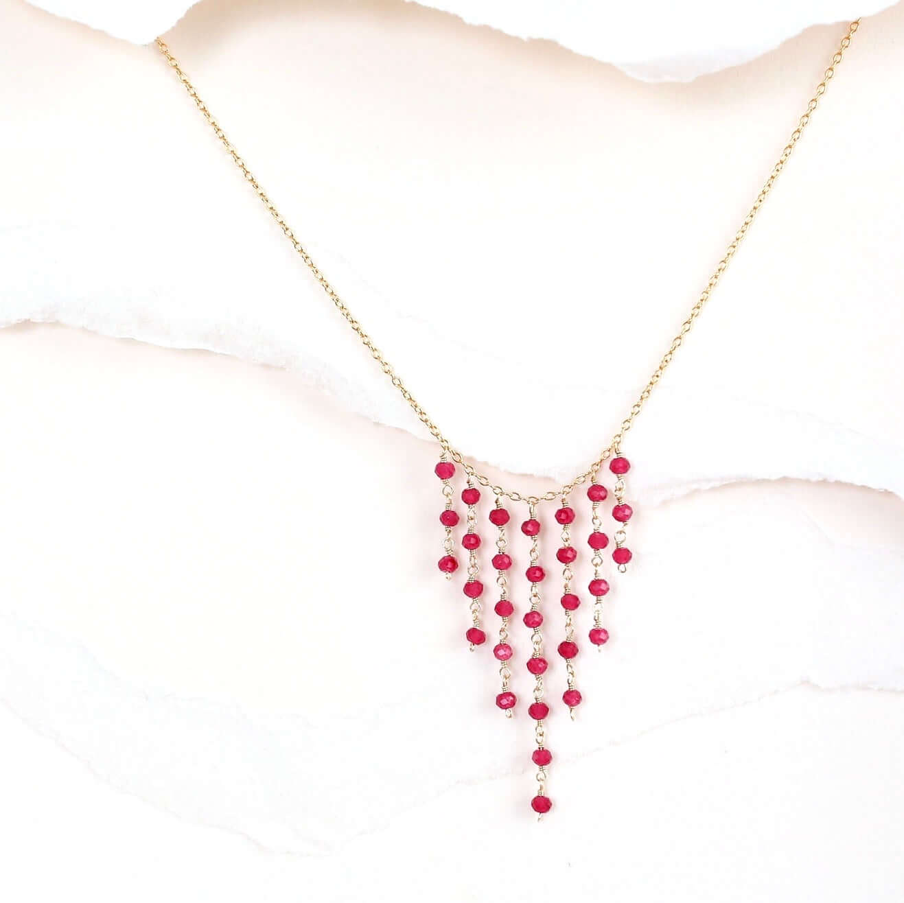 Gold Fringe Necklace featuring beautiful Ruby Quartz gemsto