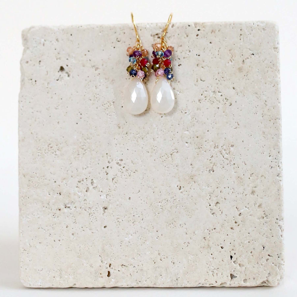 White Chalcedony Gemstone with mini stones  Accents   Gold Drop Earrings