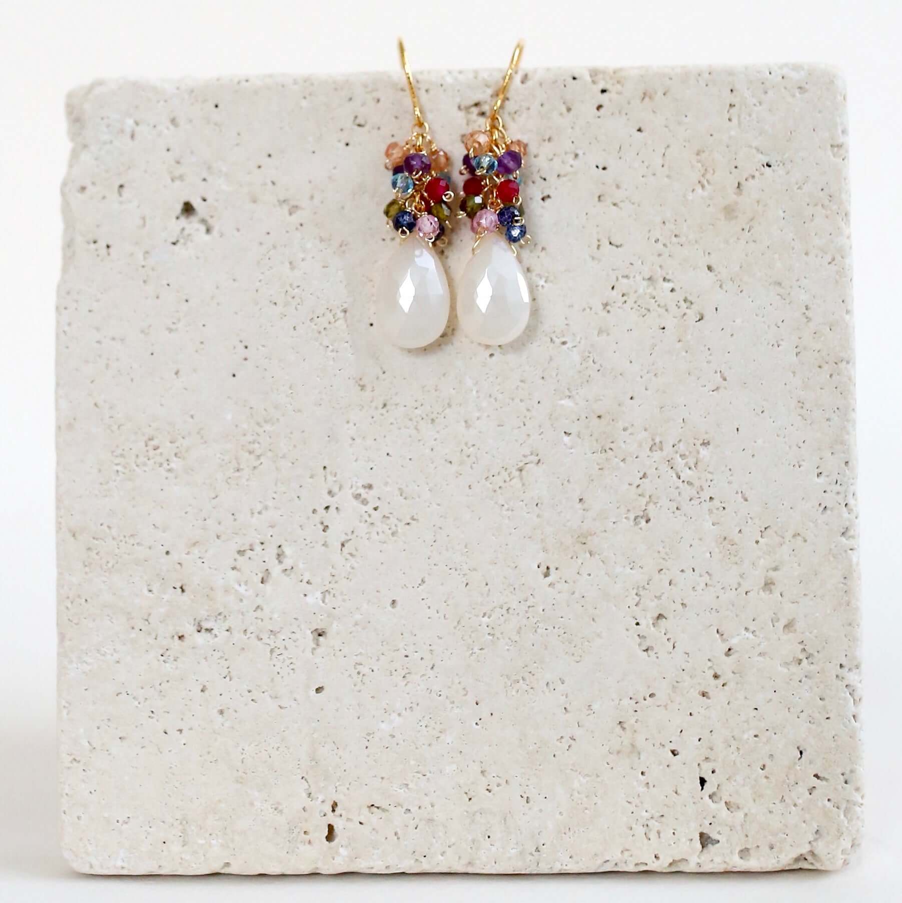 White Chalcedony Gemstone with mini stones  Accents   Gold Drop Earrings