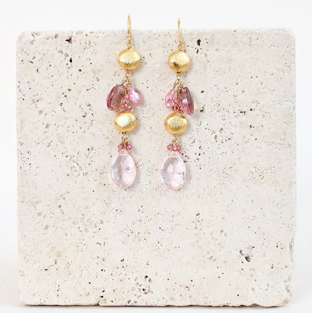 Pink Clear Quartz Gemstone Drop Earrings in Gold Plated Silver