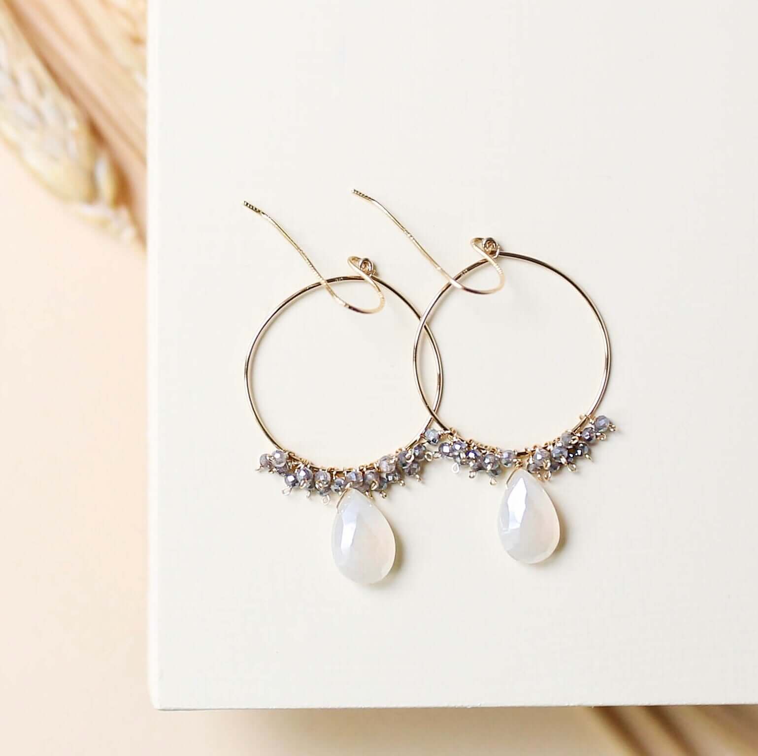 White Chalcedony and Labradorite gemstones Gold Hoop Earrings 