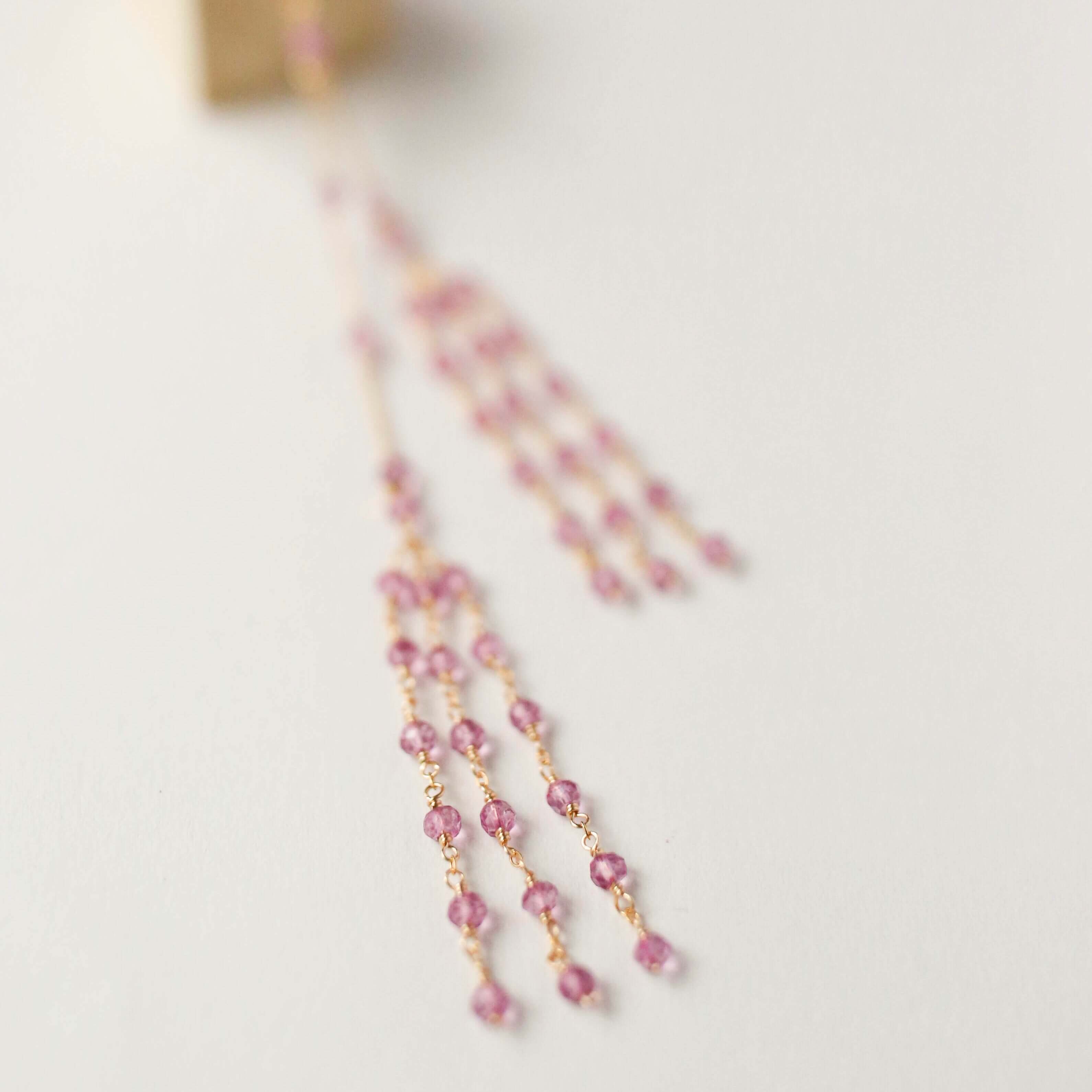 14k Gold Plated Pink Tourmaline Quartz Lariat Necklace with a stunning tassel