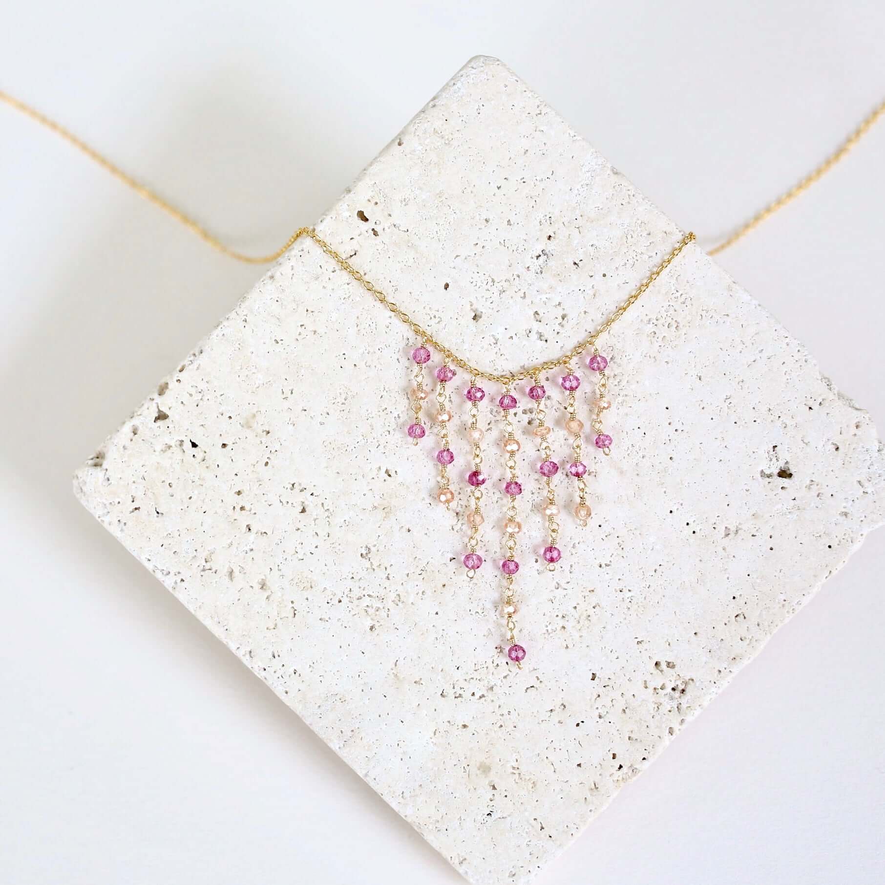 Unique Pink Tourmaline and Champagne Quartz Gemstone Fringe Gold  Necklace