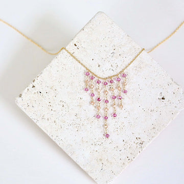 Unique Pink Tourmaline and Champagne Quartz Gemstone Fringe Gold  Necklace