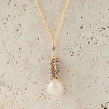 White chalcedony drop pendants paired with a cluster of mini labradorite quartz gems Gold Necklace